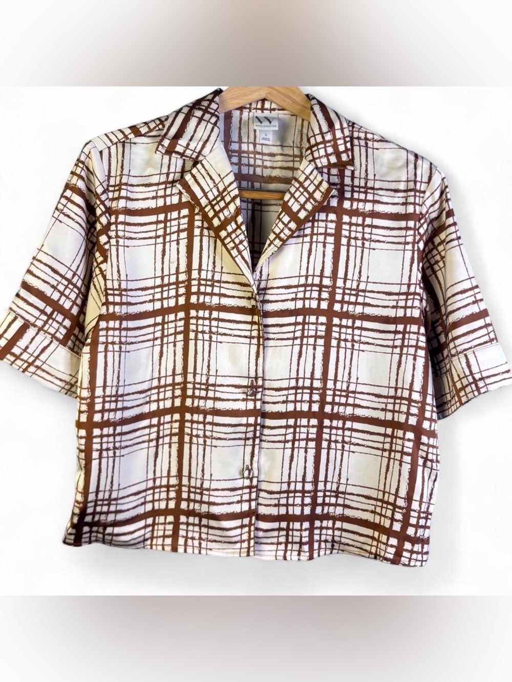 Worthington Cream and Brown Plaid Short-Sleeve Button-Down Shirt